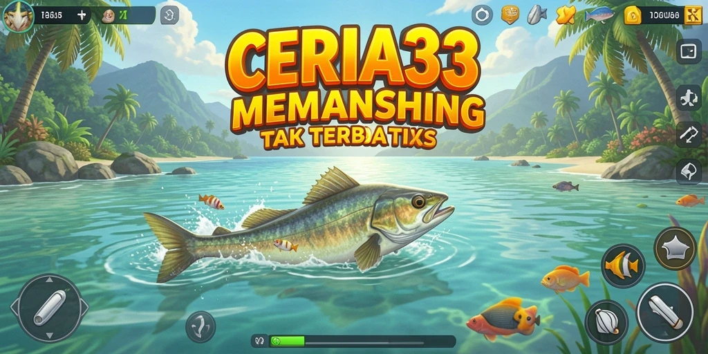 Tampilan gameplay CERIA33 menampilkan keseruan memancing ikan di laut yang indah.