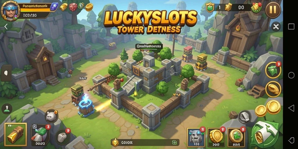 Screenshot gameplay LUCKYSLOTS yang menunjukkan strategi Tower Defense yang mendebarkan.