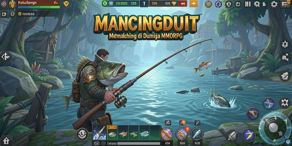 Screenshot MANCINGDUIT menampilkan aksi seru saat memancing di laut yang indah.