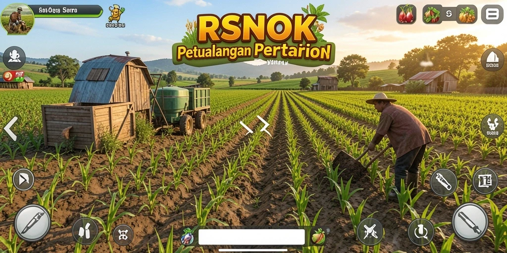 Tangkapan layar gameplay RSNOK menampilkan pertanian yang indah dan dinamis.