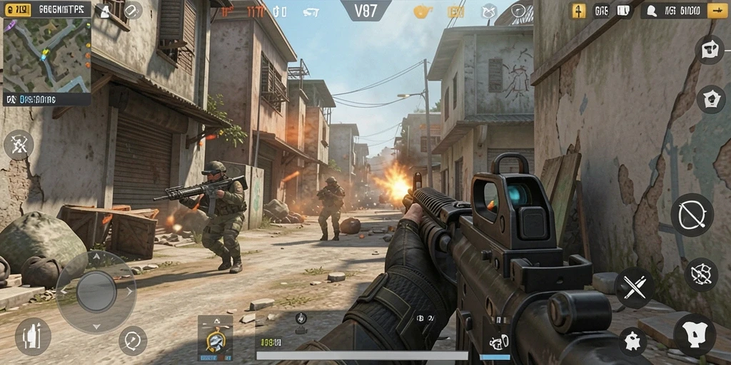 Tampilan gameplay V87 yang mendebarkan dalam pertempuran TPS.